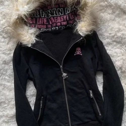 Y2K Black Fur Collar Zipper Sweatshirt Hoodie Sexy Women Sweatshirt Harajuku Goth Letter Graphic Print Slim Coat Winter Clothes